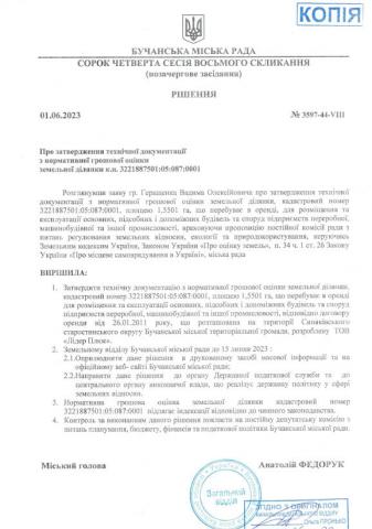 Рішення Бучанської міської ради "Про затвердження технічної документації з нормативної грошової оцінки земельної ділянки к.н. 3221887501:05:087:0001"